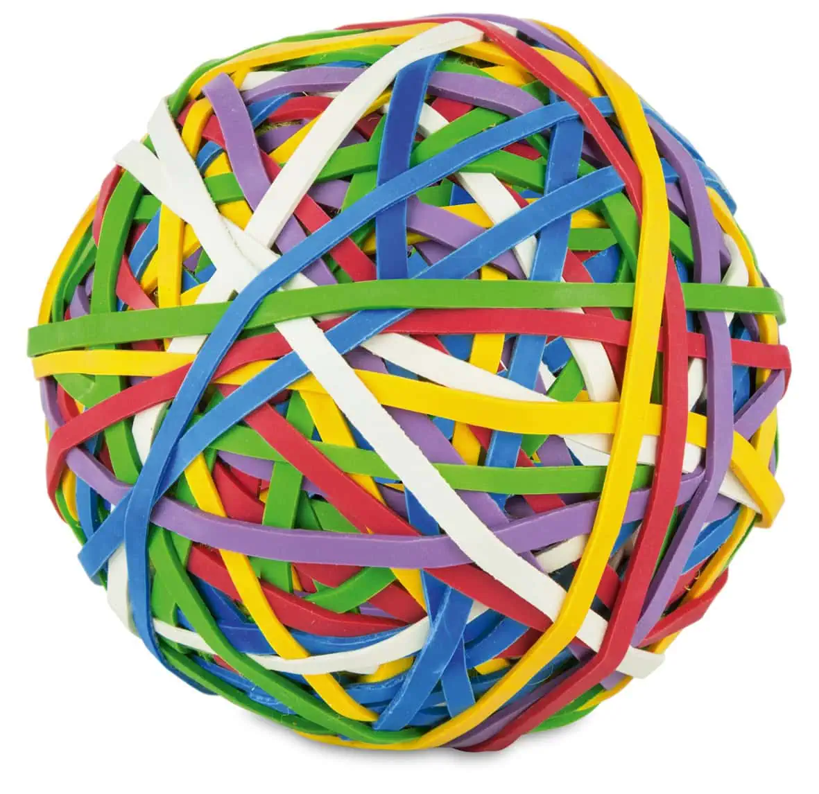 Runder Gummiball, der aus bunten Gummibändern in verschiedenen Farben wie Rot, Blau, Grün, Gelb und Weiß besteht.