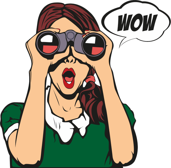 Illustration einer Frau mit roten Lippen und braunen Haaren, die durch ein Fernglas schaut und überrascht aussieht.